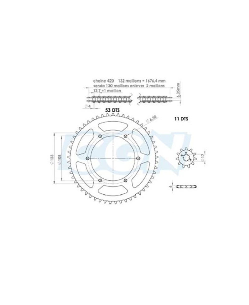 KIT CHAINE AFAM ADAPT. DERBI SENDA SM DRD/RACING/EVO/GPR NUDE/RACING/RS4 420 11X53 D108 6T