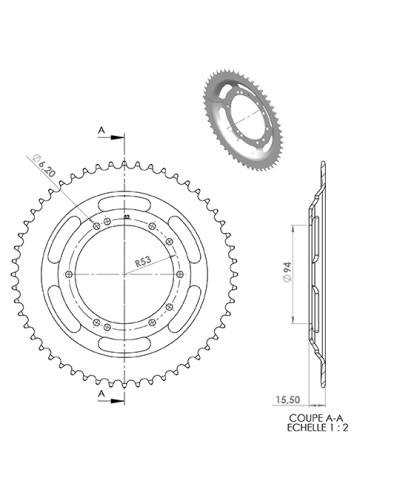 COURONNE CYCLO 20 ADAPT. 103 BTS TOLE  52DTS (D94) 10 TROUS