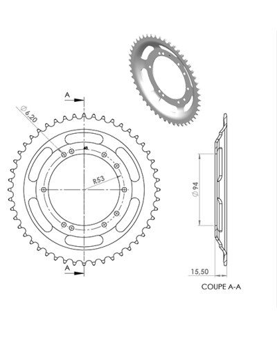 COURONNE CYCLO 20 ADAPT. 103 BTS TOLE  50DTS (D94) 10 TROUS