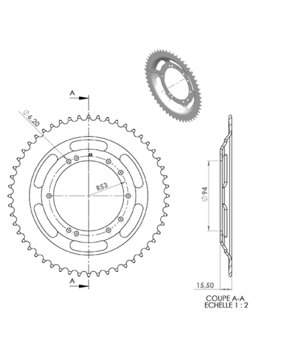 COURONNE CYCLO 20 ADAPT. 103 BTS TOLE  52DTS (D94) 10 TROUS