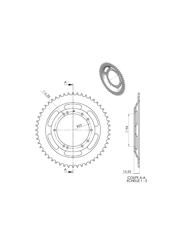 COURONNE CYCLO 20 ADAPT. 103 BTS TOLE  52DTS (D94) 10 TROUS