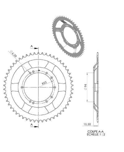 COURONNE CYCLO 20 ADAPT. 103 BTS TOLE  54DTS (D94) 10 TROUS