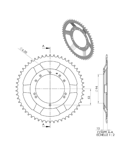 COURONNE CYCLO 27 ADAPT. MBK 40/50 54DTS (D94) 10 TROUS