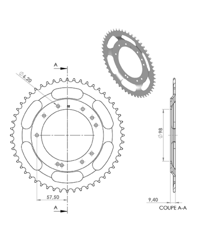 COURONNE CYCLO 25 ADAPT. MBK 51S GRIMECA 52DTS (D98)  10 TROUS