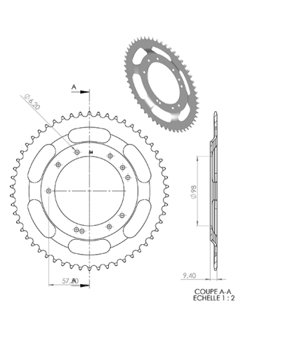 COURONNE CYCLO 25 ADAPT. MBK 51S GRIMECA 54DTS (D98)  10 TROUS