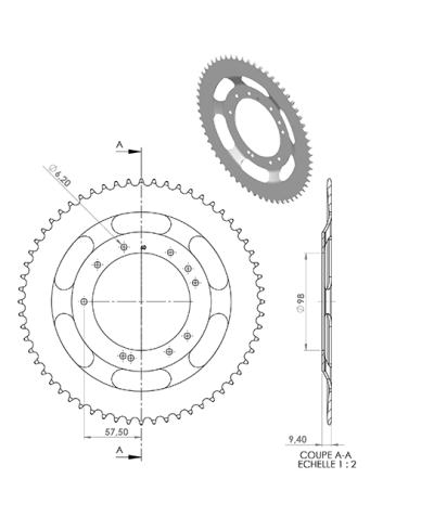 COURONNE CYCLO 25 ADAPT. MBK 51S GRIMECA 56DTS (D98)  10 TROUS